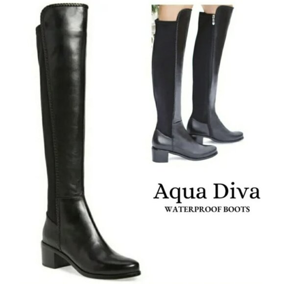 Aqua Diva Waterproof Over the Knee Boots Leather Black Block Heel Sz 8 NEW - Picture 1 of 11